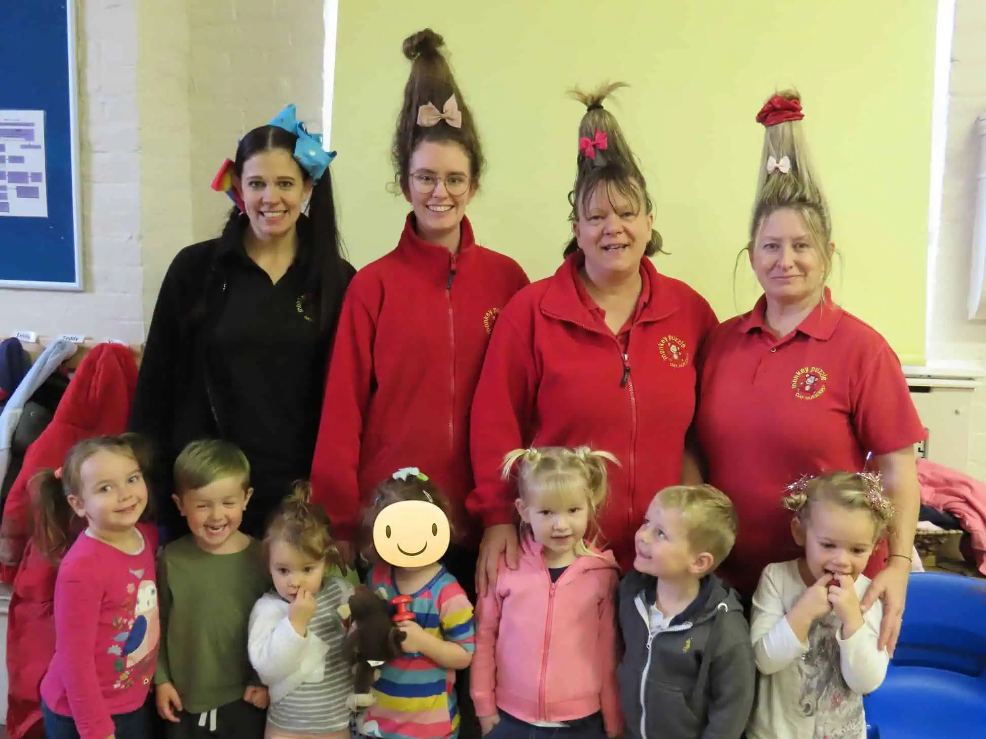 Staff and children on crazy hair day